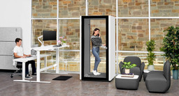 Dillo Lounge Collection with OnePod Office Phone Booth and White Laminate Standing Desks