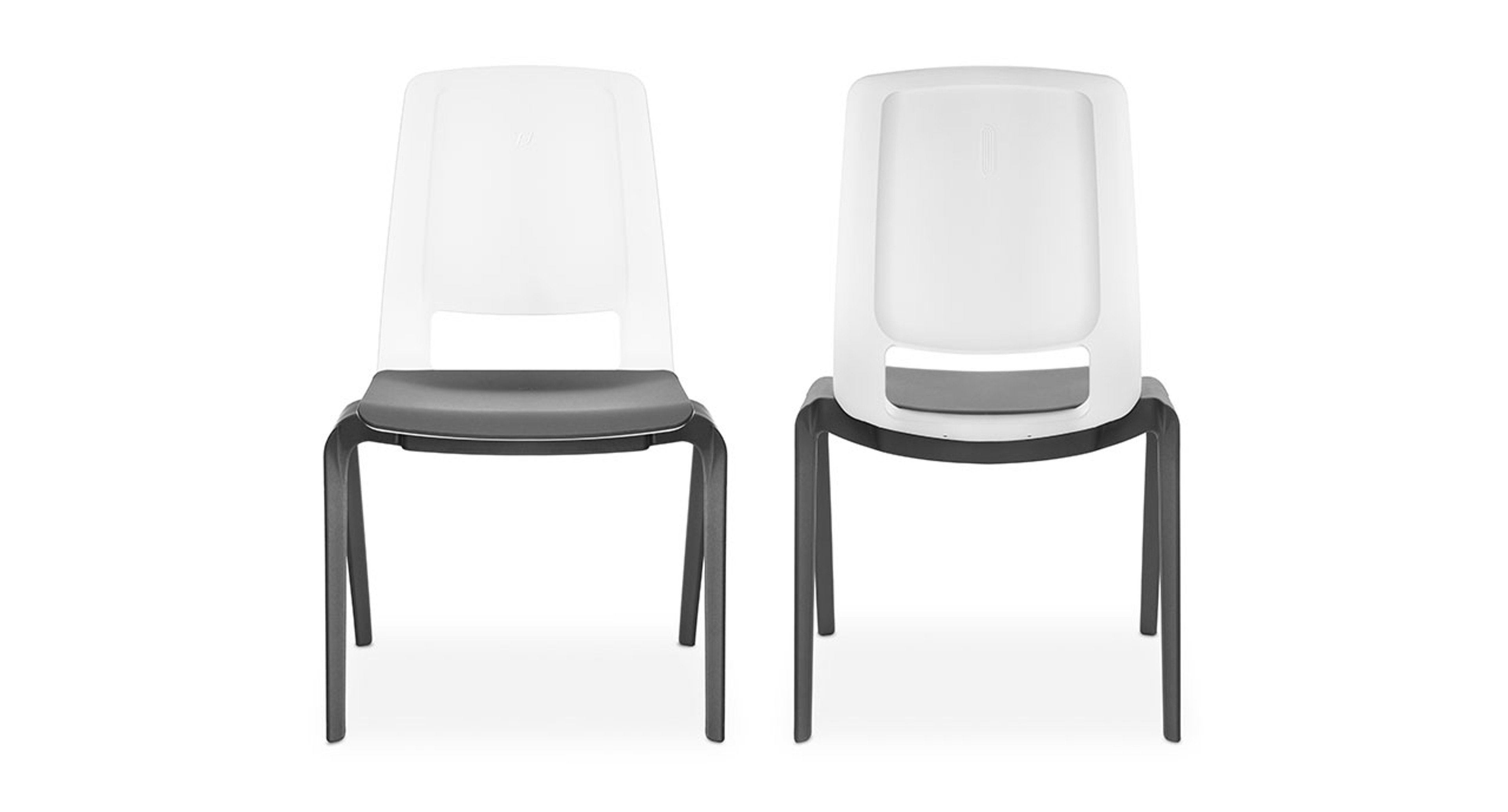 The Flex Chair's simple, two-tone gray and white color scheme complements a wide range of needs