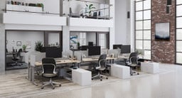 72" x 30" Maple Greenguard Laminate UPLIFT Standing Desks configured in a Dual Sided Row