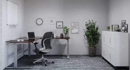 60" x 60" x 30" Walnut Laminate L-Shaped standing Desk with Steelcase Leap Chair