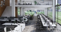 [On right] Power & Data Rail with White Laminate Standing Desks arranged in a Dual Sided Row configuration