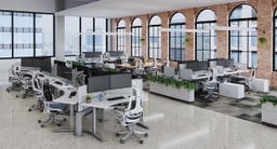 White Laminate 120-Degree Standing Desks arranged in a dogbone configuration