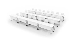 A row configuration with Flip Top Tables, Flex Chairs, and White Wire Management Modesty Panels