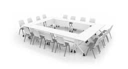 An O-Shape Configuration with Flip Top Tables, Flex Chairs, and White Wire Management Modesty Panels