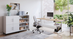 White Mobile Storage Caddy beneath a 72" x 30" Custom Maple Solid Wood Standing Desk