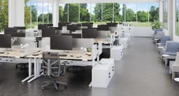 60" x 30" Maple Laminate Sit-to-Stand Desks with Frosted Acrylic Acoustic Panels and Soco Lounge Furniture