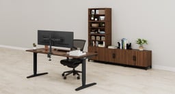 Walnut MoPac Storage Wall 2 configuration and matching Walnut Laminate UPLIFT Standing Desk