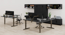 Black MoPac Storage Wall 6 configuration with matching Black Laminate L-Shaped UPLIFT Standing Desks