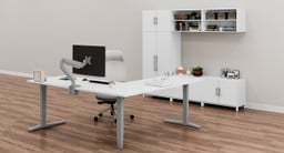 White MoPac Storage Wall 3 configuration with matching White Laminate L-Shaped UPLIFT Standing Desk