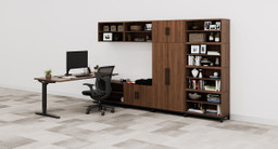 Walnut MoPac Storage Wall 4 configuration and matching Walnut Laminate UPLIFT Standing Desk