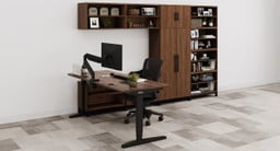 Walnut MoPac Storage Wall 4 configuration and matching Walnut Laminate UPLIFT Standing Desk