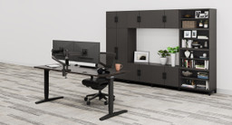 Ash Gray MoPac Storage Wall 5 configuration and matching Ash Gray Laminate UPLIFT Standing Desk