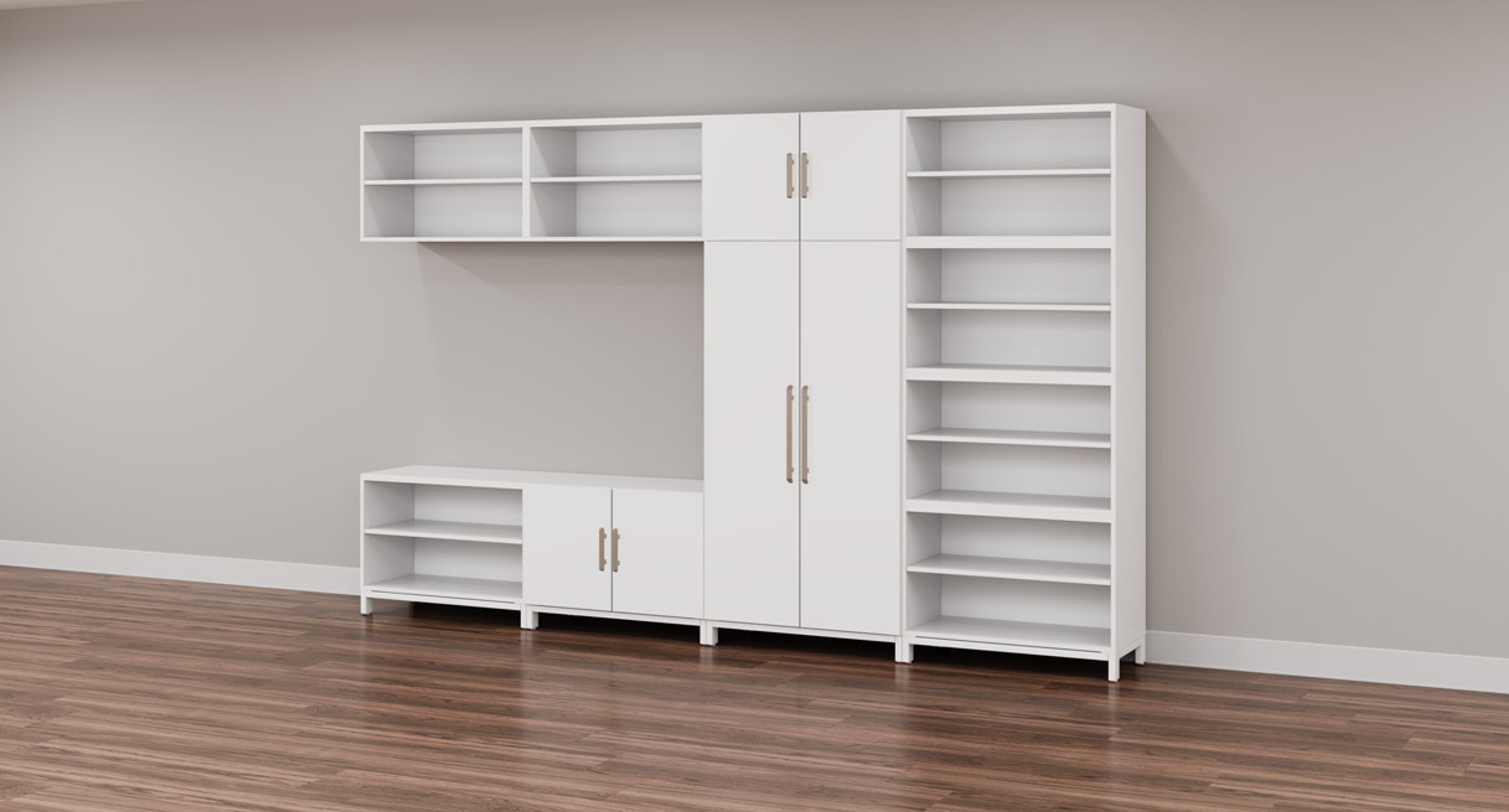 White MoPac Storage Wall 4 with Bookcase Configuration