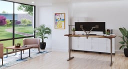 80" x 30" Saman Solid Wood UPLIFT Standing Desk with Industrial Style C-Frame, LED Desk Lamp E3, and Zilker Dual Monitor Arm