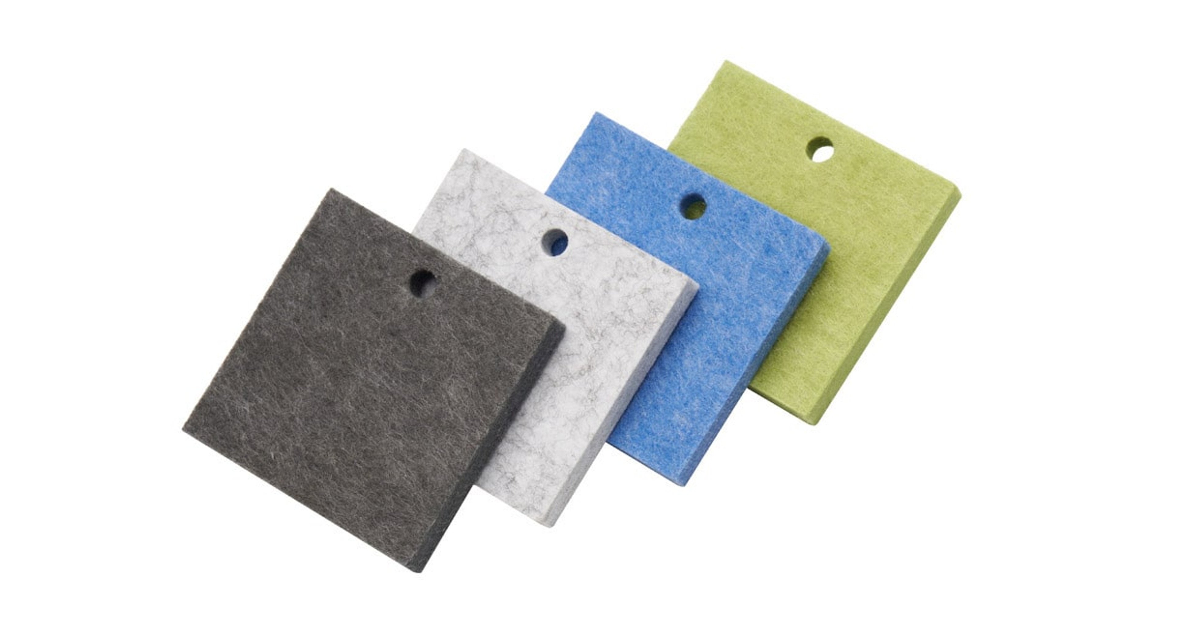 Acoustic panel color samples include dark gray, light gray, lagoon blue, and green