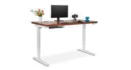 Walnut Wide Plank Solid Wood UPLIFT Desk with White Frame and matching Slim Under Desk Shelf