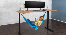 Under-Desk Hammock mounted to the frame of a V2 80" x 24" Uptown Walnut Standing Desk