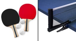 Ships with 2 paddles, 3 balls, and a clamp-on ping-pong net that can quickly be attached and detached