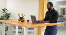 The Height Adjustable Conference Table can be adjusted from 24.5" to 50.1" for ultimate comfort (shown with bamboo tabletop at standing height)