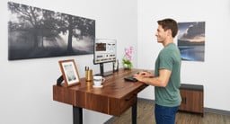 60" x 30" Rustic Walnut Solid Wood UPLIFT Narrative Standing Desk with Walnut Laminate MoPac Wardrobe and Cabinet