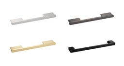 Choose from four handle finish options for your adjustable desk with drawers: matte black zinc, brass, bright nickel, and dark nickel