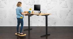 60" x 30" Bamboo UPLIFT Standing Desk with matching bamboo Rocker-X Board, keyboard tray, & organizer set